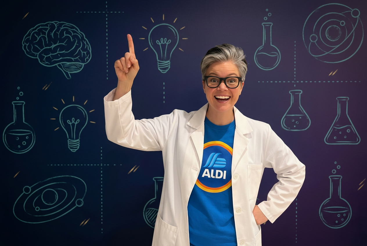 Amanda DeVlugt in a lab coat pointing upward in front of a chalk-style learning lab backdrop