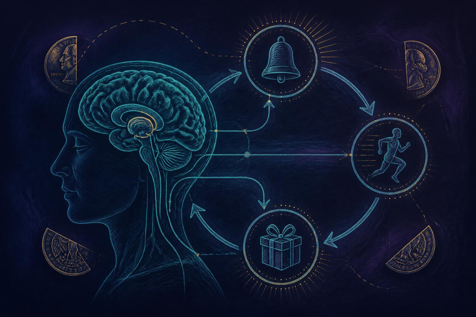 Chalk illustration of a brain wired into a cue, behavior, and reward habit loop