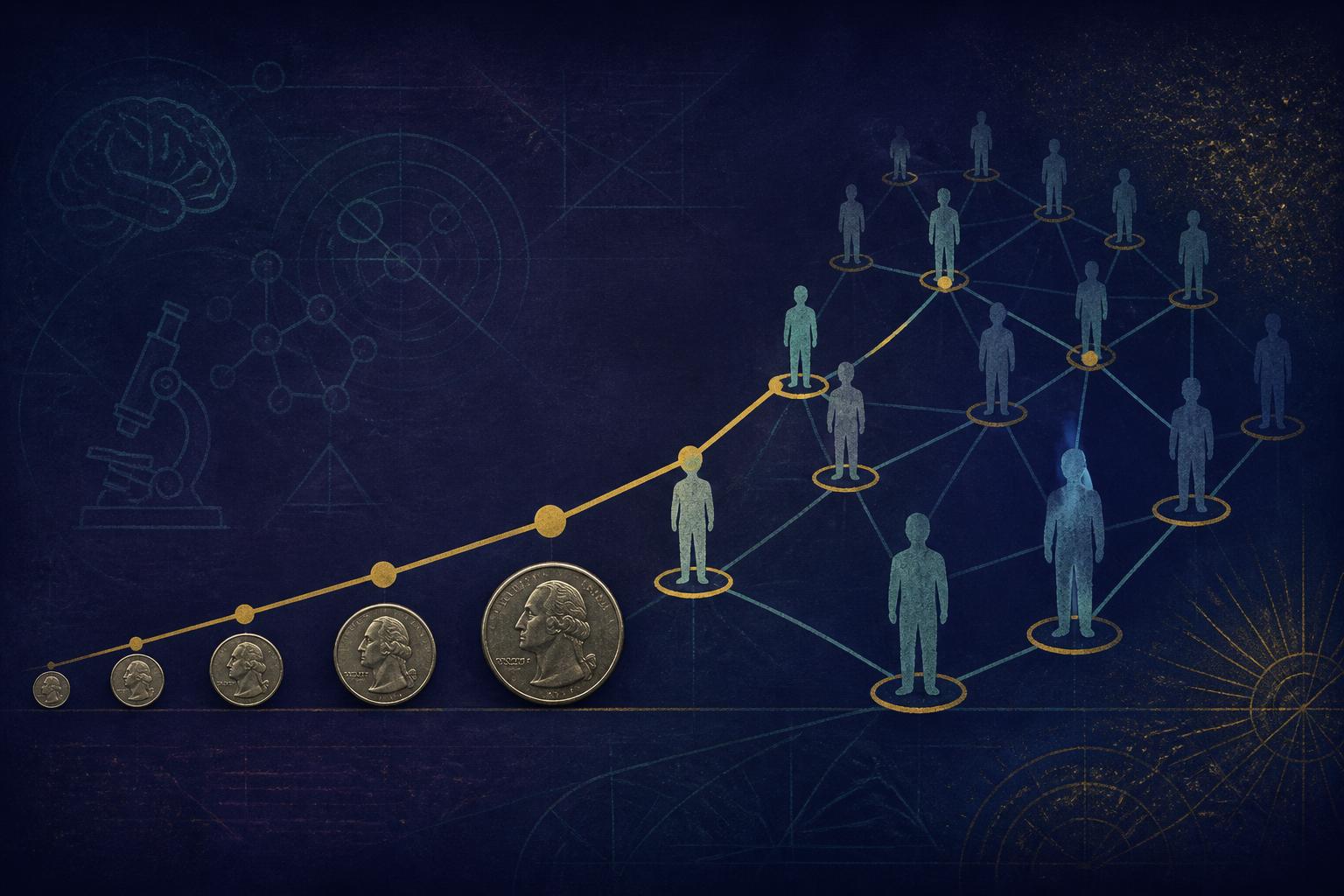 Chalk illustration of quarters growing into a rising line that becomes a network of connected people